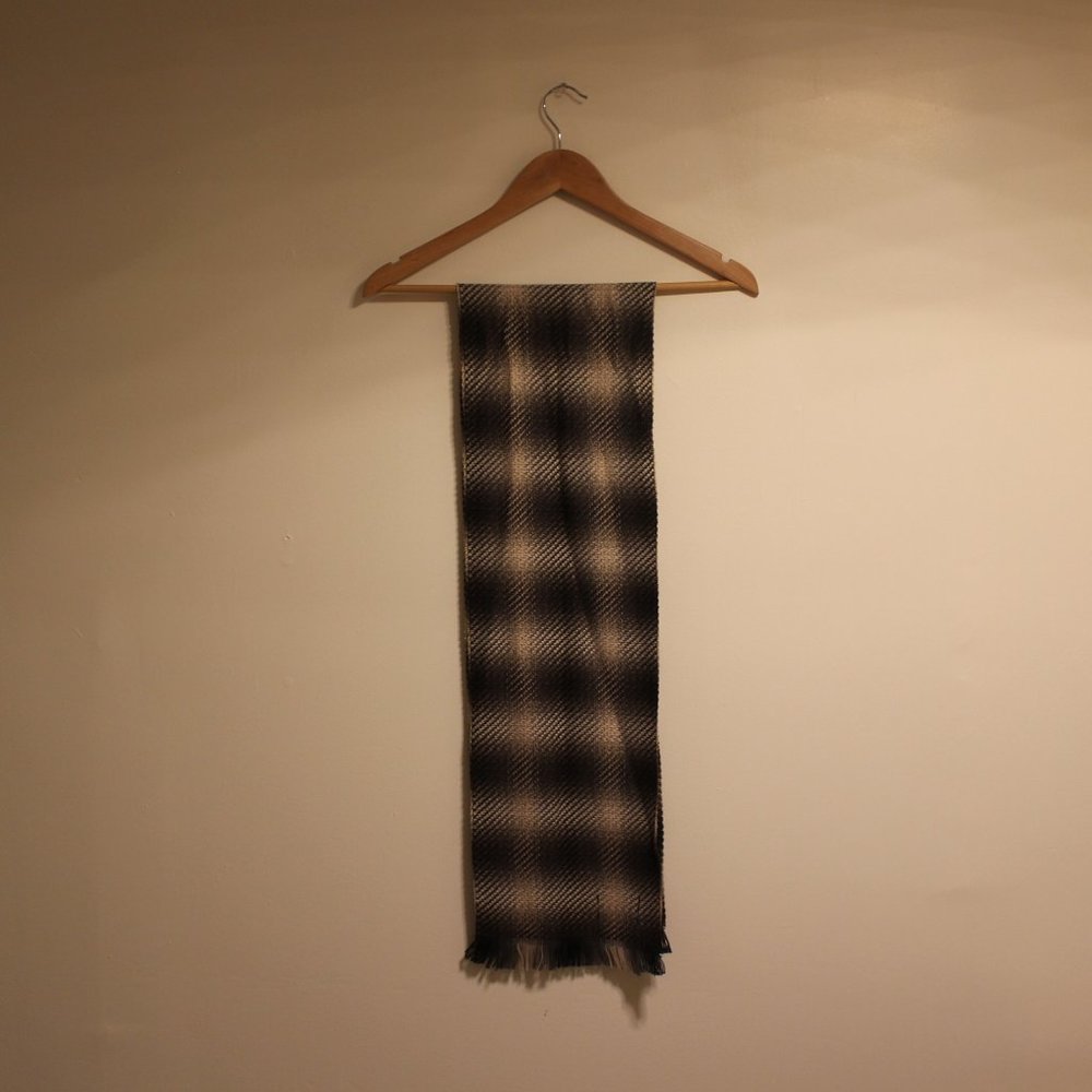 Charcoal Grey Beige Plaid Vintage Scarf